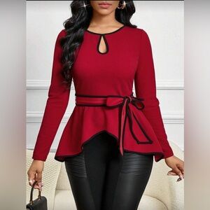 Red Peplum Blouse with Black Trim